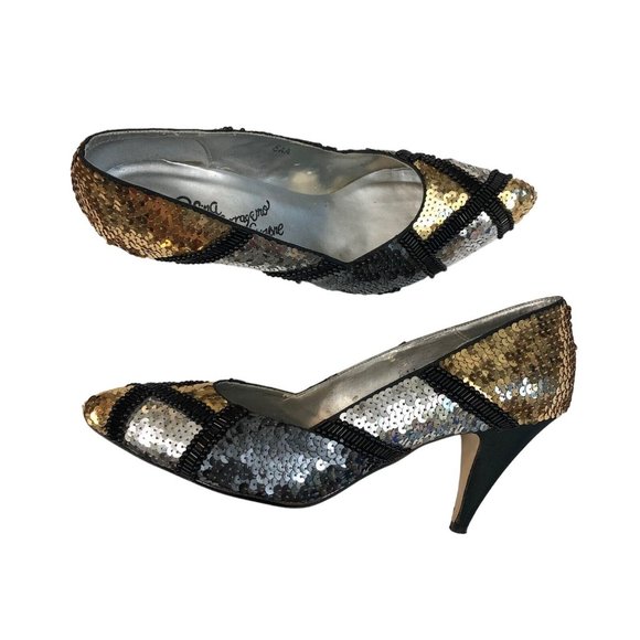 Rosina Ferragamo Schiavone Vintage 60s 70s Gold Silver Sequin Party Pumps Heels - Picture 3 of 9